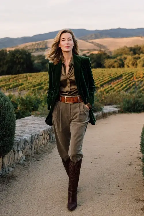 A woman over 40 wears a forest-green velvet blazer over a silk blouse and tailored trousers, paired with tall brown cowboy boots and a wide leather belt
