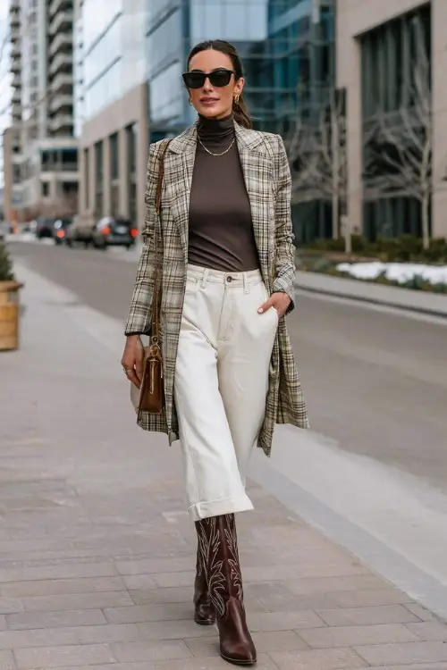 A woman over 40 wears tall chocolate brown cowboy boots, cream culottes, a fitted turtleneck, and a long plaid blazer