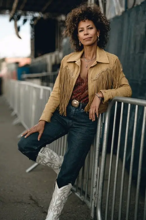 A woman over 40 wears white cowboy boots, dark denim jeans, and a camel fringe jacket