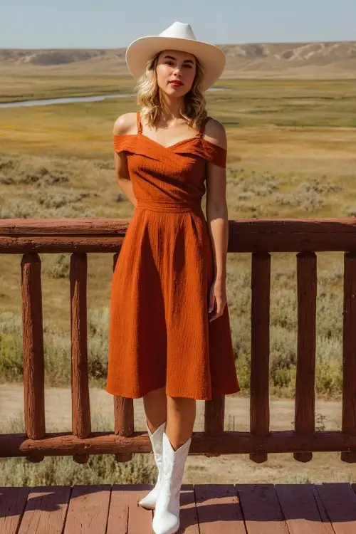 A woman wears a burnt-orange A-line dress with cutout shoulders, paired with white cowboy boots and a wide-brim hat