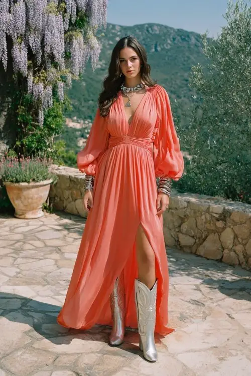 A woman wears a coral chiffon gown with bishop sleeves, styled with silver cowboy boots and layered bangles