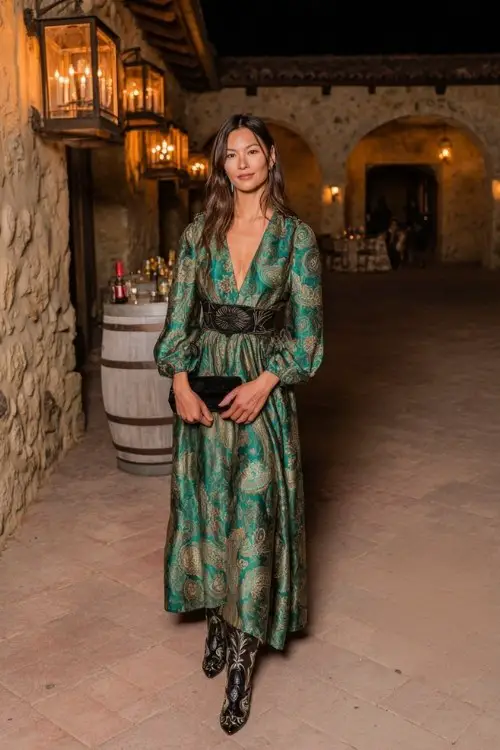 A woman wears a floor-length emerald brocade gown with metallic gold paisley embroidery, paired with black embroidered cowboy boots and a velvet clutch