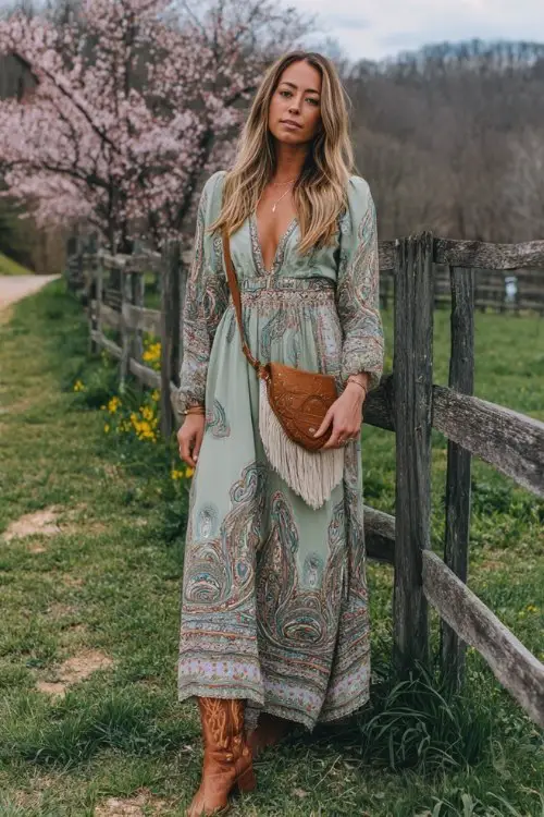 A woman wears a sage-green boho maxi dress with paisley prints, paired with brown cowboy boots and a fringe bag