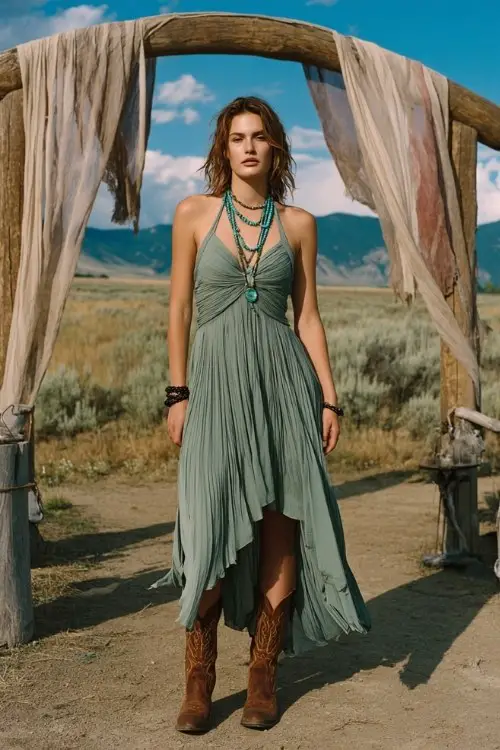 A woman wears a sage-green pleated halter dress with an open back, paired with brown cowboy boots and layered turquoise jewelry