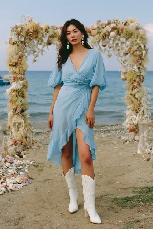A woman wears a sky-blue chiffon wrap dress with flutter sleeves, paired with white cowboy boots and pearl earrings