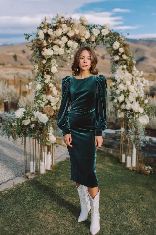 A woman wears a velvet emerald wrap dress with long bishop sleeves, styled with white embroidered cowboy boots