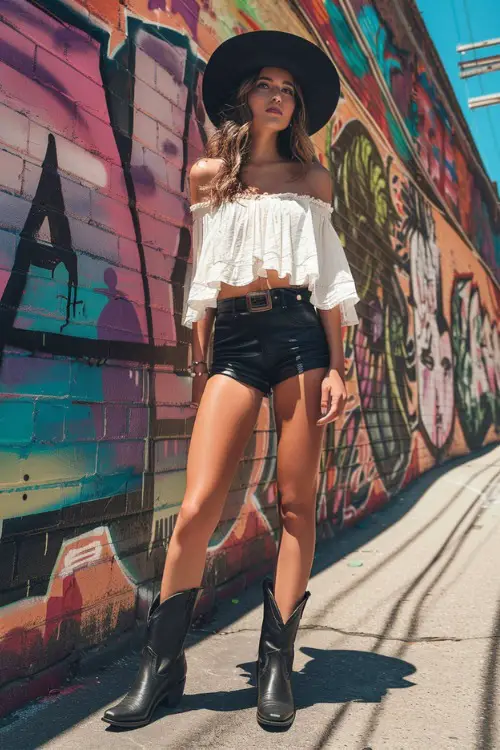 A woman wears black cowboy boots, black leather top and white off-sholder top