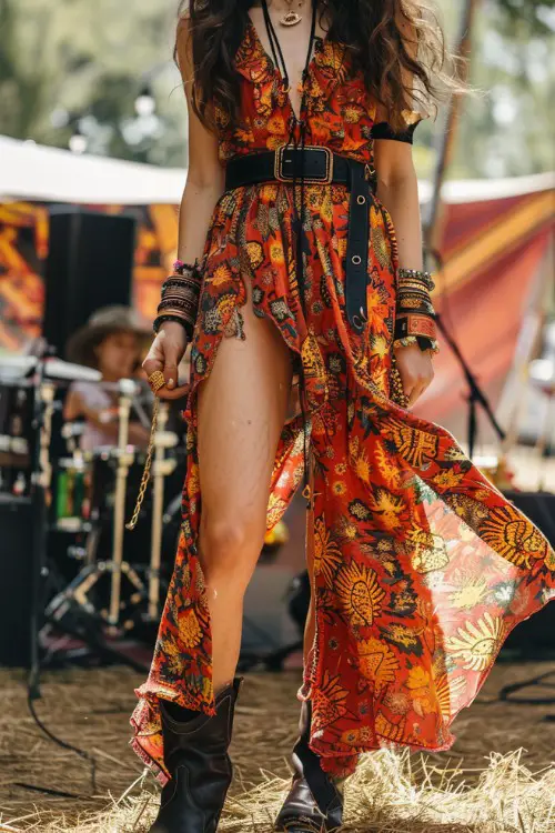 A woman wears black cowboy boots with a high slit dress