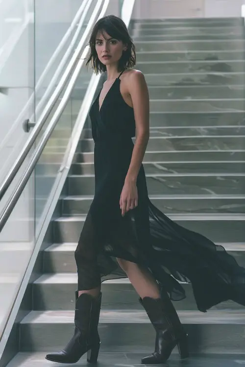 A woman wears black cowboy boots with black slip dress