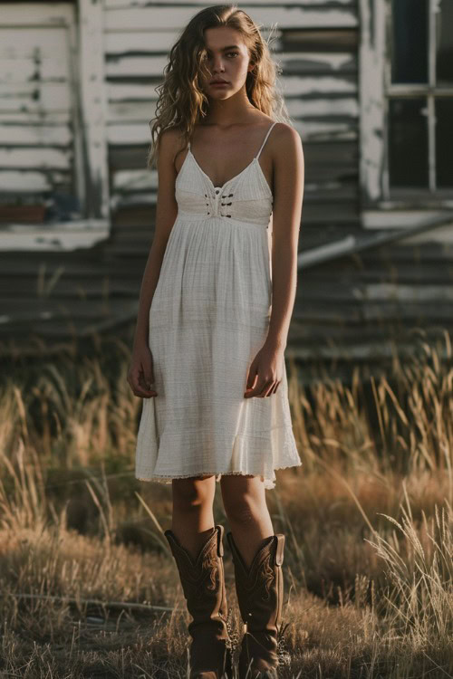 A woman wears brown cowboy boots with a midi slip dress