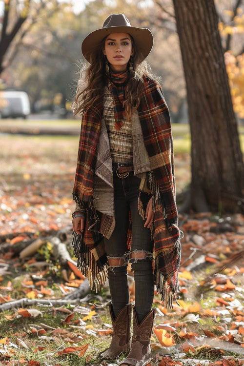 A woman wears brown cowboy boots with a ripped jeans, a leather belt, sweater and a shawl
