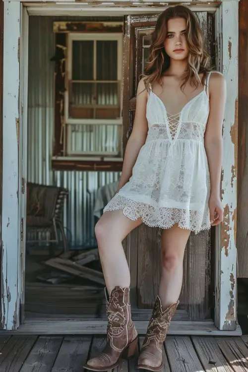 A woman wears brown cowboy boots with a white slip dress