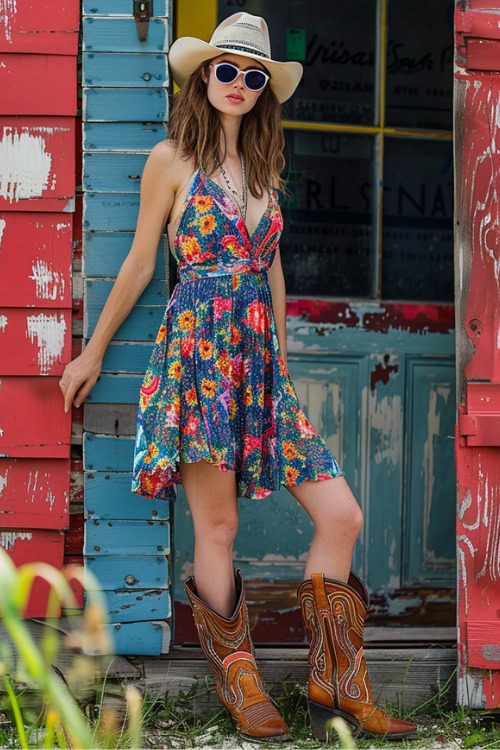A woman wears cowboy boots with a colorful dress
