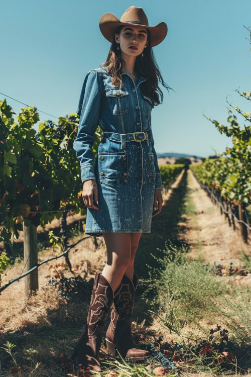 A woman wears cowboy boots with a denim dress in the field (2)