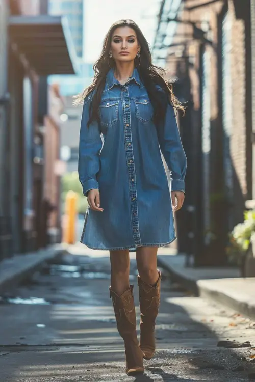 A woman wears cowboy boots with a denim shirt dress (2)