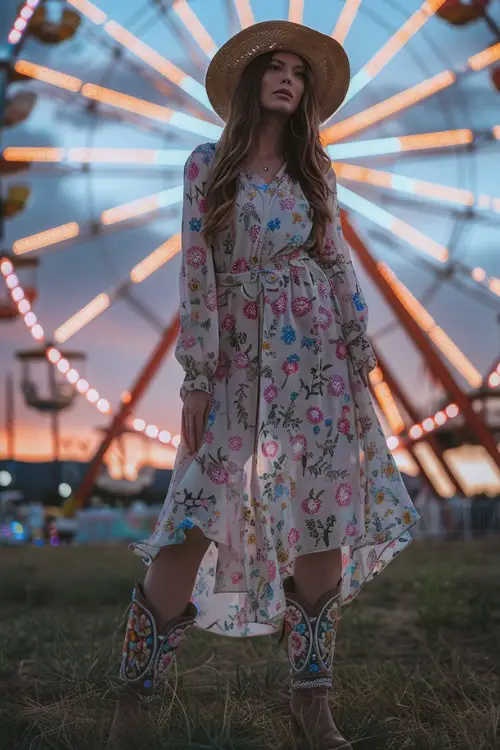 A woman wears cowboy boots with a floral dress for festival