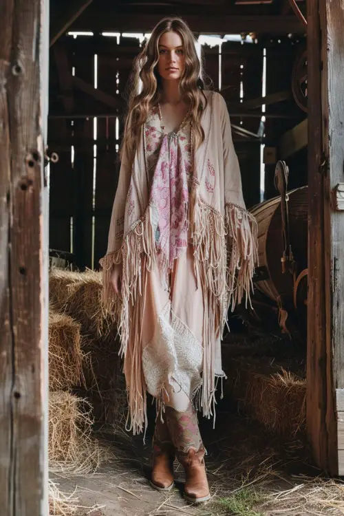A woman wears cowboy boots with a fringe kimono
