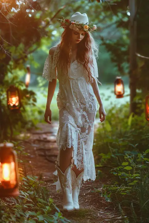 A woman wears cowboy boots with a lace dress