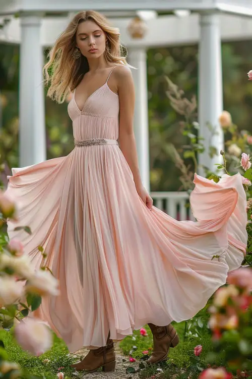 A woman wears cowboy boots with a long 2 strap dress