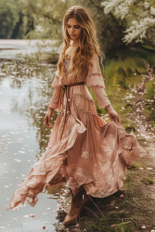 A woman wears cowboy boots with a long and ruffle dress