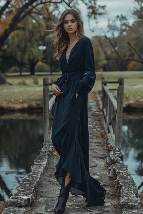 A woman wears cowboy boots with a long dark dress