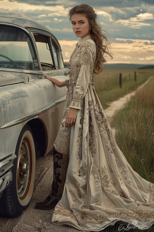 A woman wears cowboy boots with a long dress and is standing next to the car,