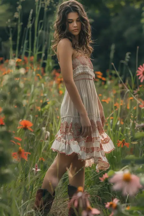 A woman wears cowboy boots with a midi floral slip dress