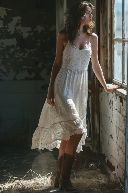 A woman wears cowboy boots with a midi slip dress and is standing next to the window