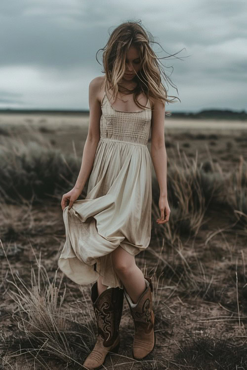 A woman wears cowboy boots with a midi slip dress