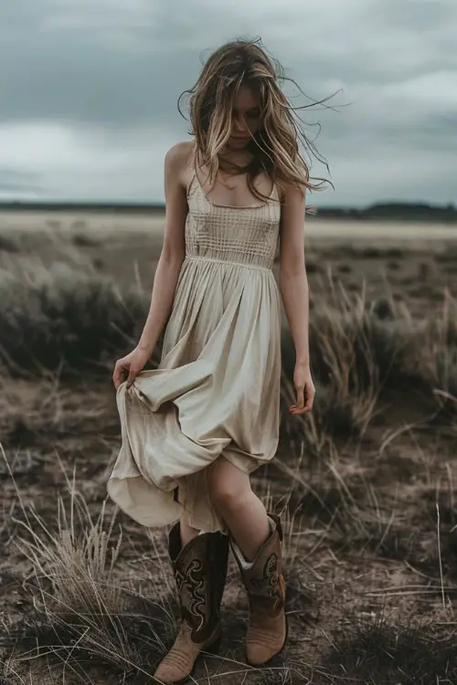 A woman wears cowboy boots with a midi slip dress