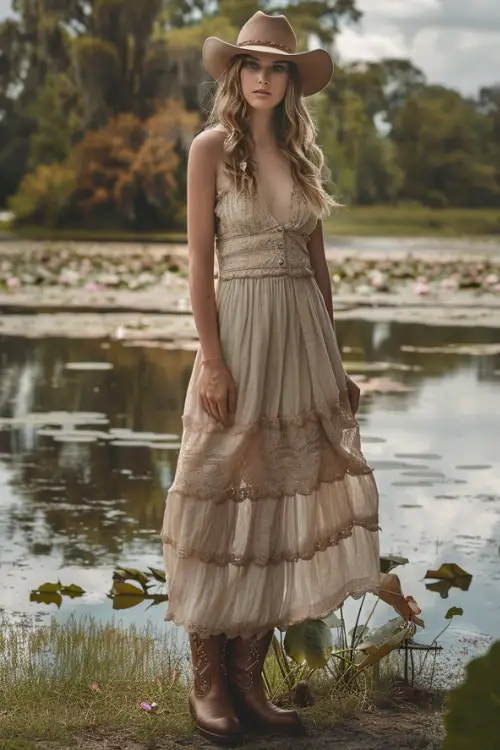 A woman wears cowboy boots with a midi tiered slip dress