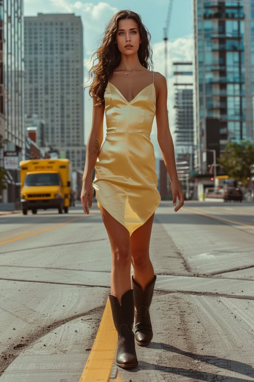 A woman wears cowboy boots with a midi yellow slip dress
