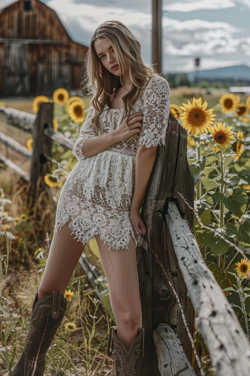 A woman wears cowboy boots with a short lace dress (2)