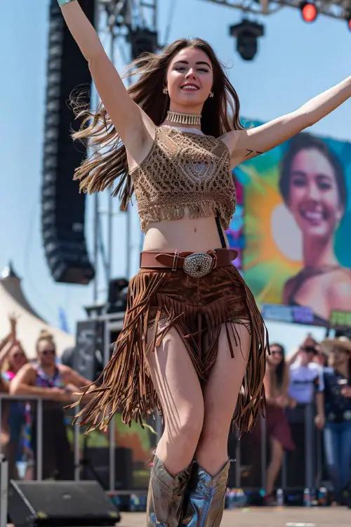 A woman wears cowboy boots with a skirt and a knit crop top