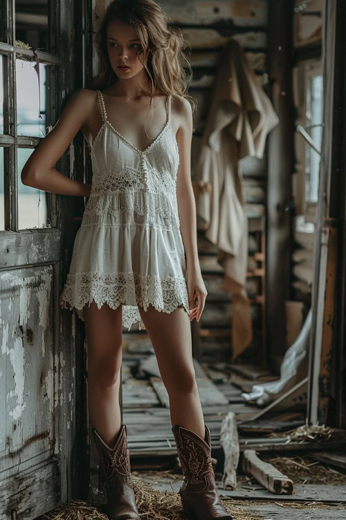 A woman wears cowboy boots with a white lace slip dress