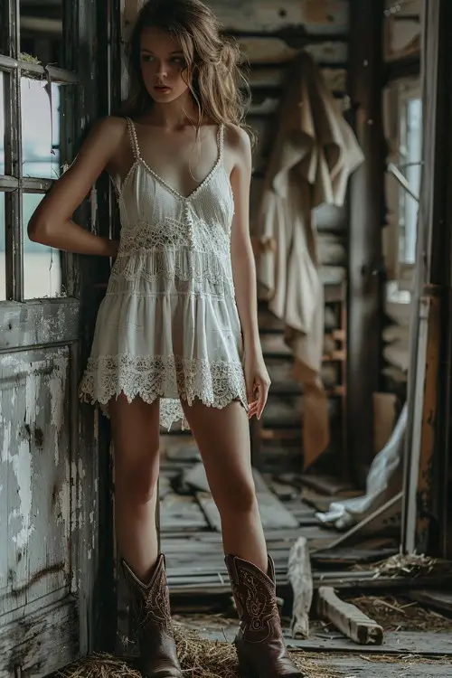 A woman wears cowboy boots with a white lace slip dress