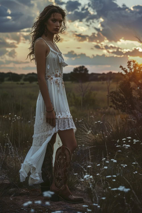 A woman wears cowboy boots with a white slip dress in the field