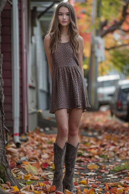 A woman wears cowboy boots with dotted slip dress in the autumn