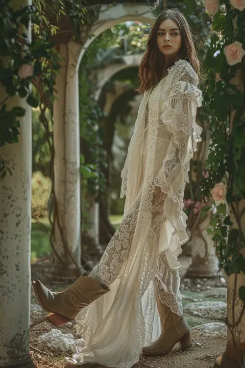 A woman wears cowboy boots with lace kimono