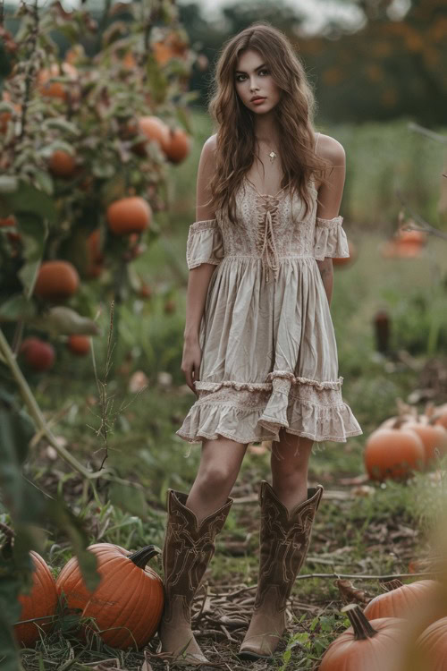 A woman wears cowboy boots with ruffle slip dress in the autumn