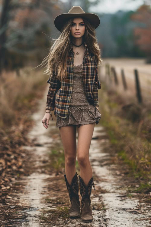 A woman wears cowboy boots with slip dress and plaid shirt in the autumn