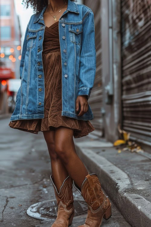 A woman wears cowboy boots with slip dress with a denim jacket in the autumn