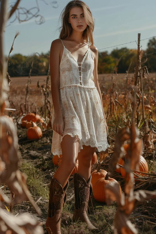 A woman wears cowboy boots with white slip dress in the autumn