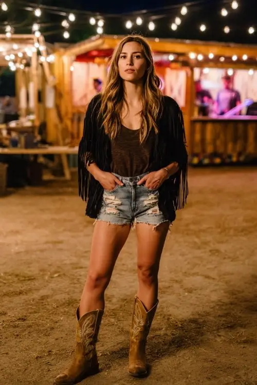 A woman wears distressed denim shorts, brown cowboy boots, and a black fringe jacket over a band tee