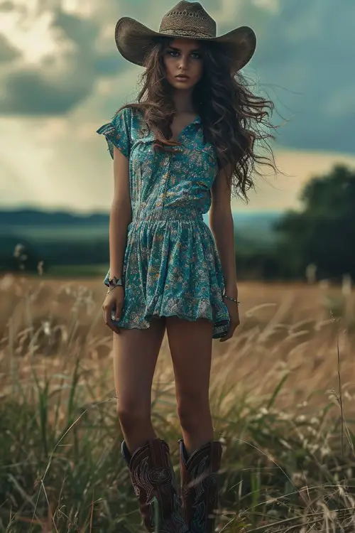 A woman wears floral shirt dress with cowboy boots