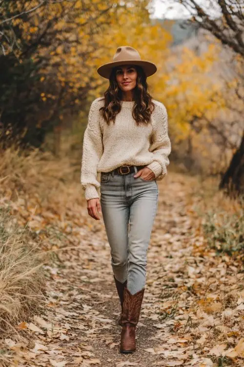 A woman wears light-wash jeans tucked into brown cowboy boots, a cream knit sweater, and a tan felt hat