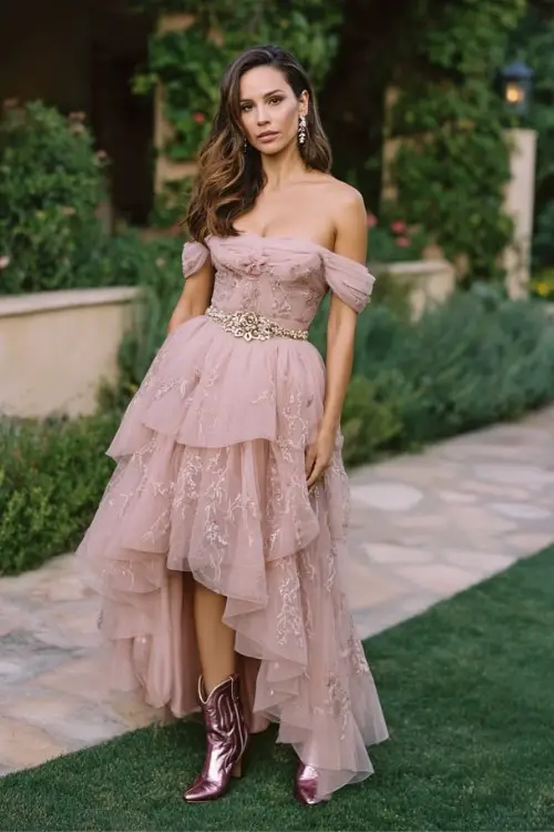 A woman wears metallic pink cowboy boots with a blush tulle gown featuring embroidered floral vines, off-shoulder sleeves