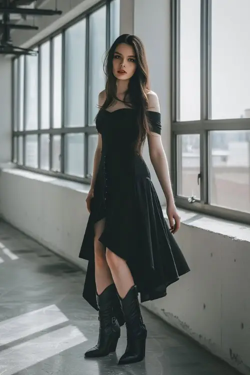 A woman wears off-shoulder dress with cowboy boots and is standing next to the window