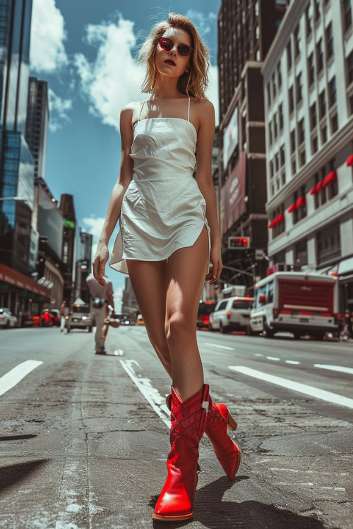 A woman wears red cowboy boots with a mini slip dress