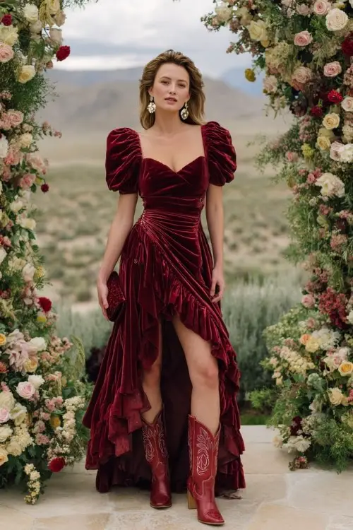 A woman wears red cowboy boots with a ruby velvet dress featuring dramatic puff sleeves, a sweetheart neckline, and cascading ruffled layers along the skirt